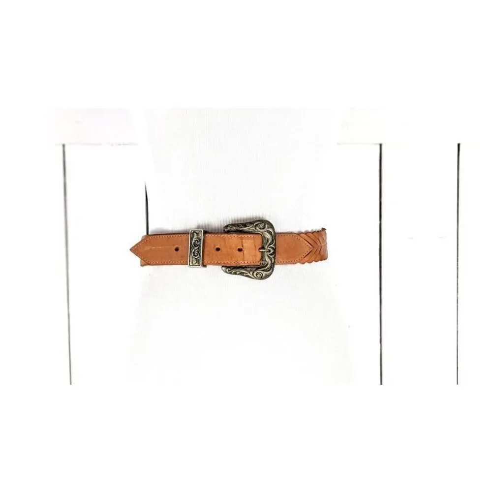 ✨Vintage Milor brown wide leather laser cut western buckle Sz M/L belt✨